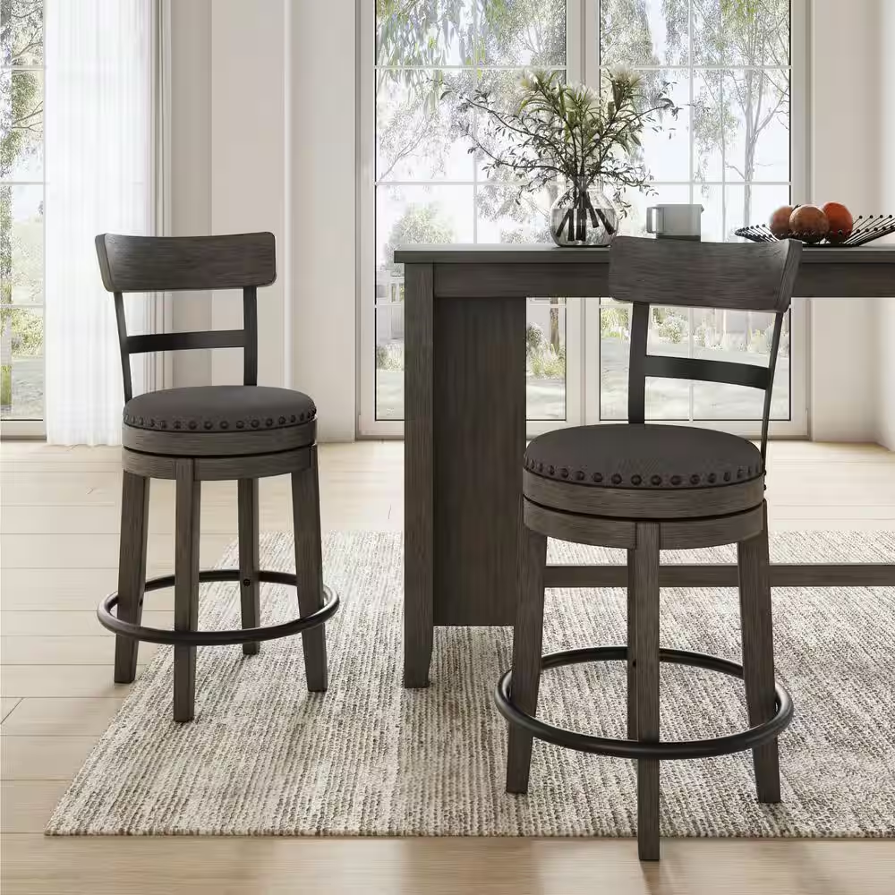 Caitbrook 24 In. Gray Low Back Wood Bar Stool Upholstered Stool with Polyester S