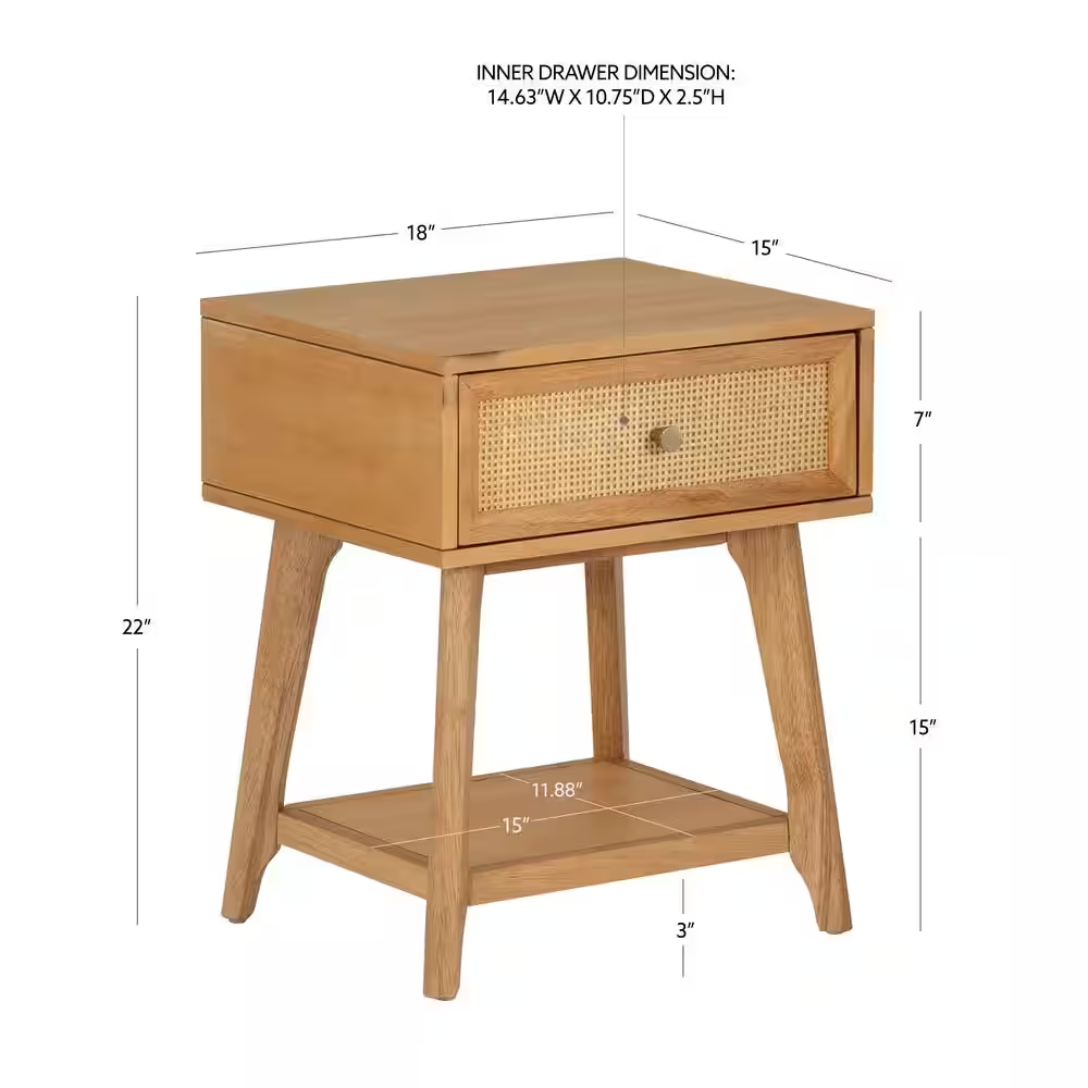 Carolina 18 In. Natural Cane Rectangle Wood Side End Table Nightstand with 1-Dra