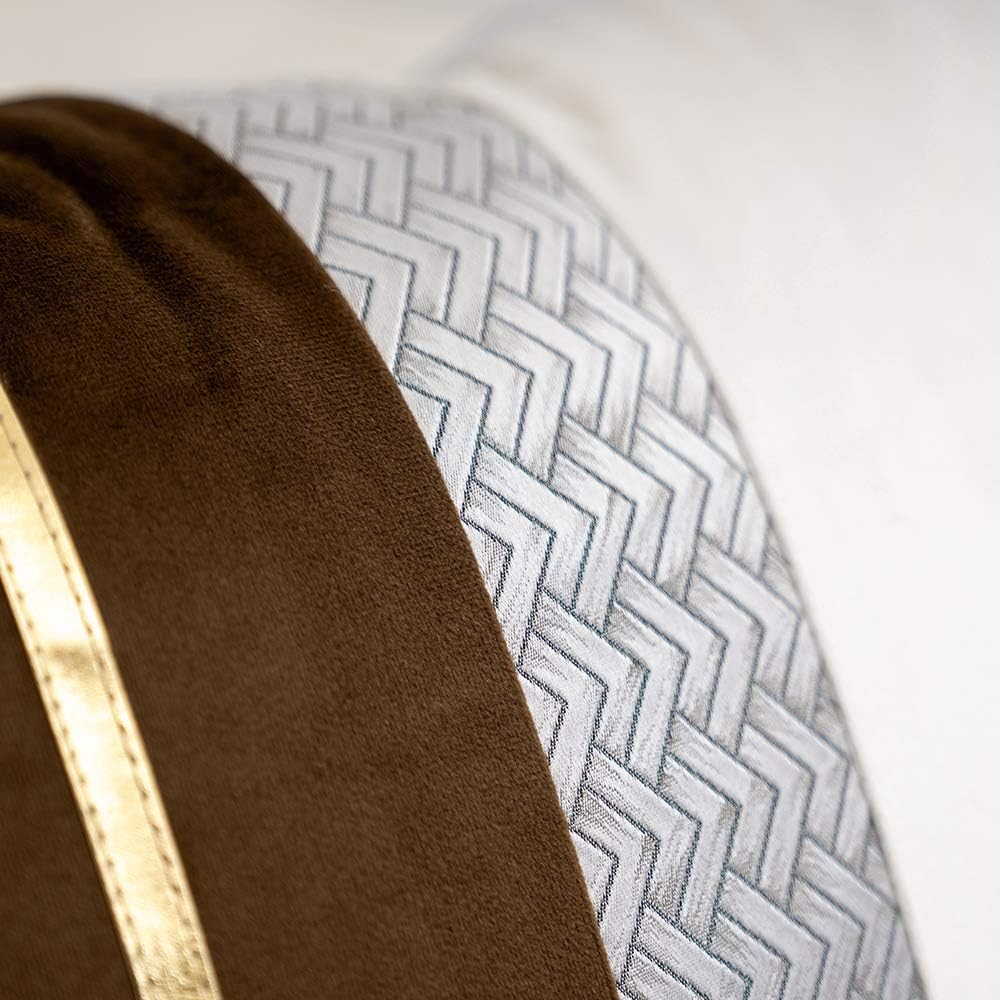 Coffee Brown Patchwork Velvet Lumbar Pillow Cover with Gold Striped Leather Cush