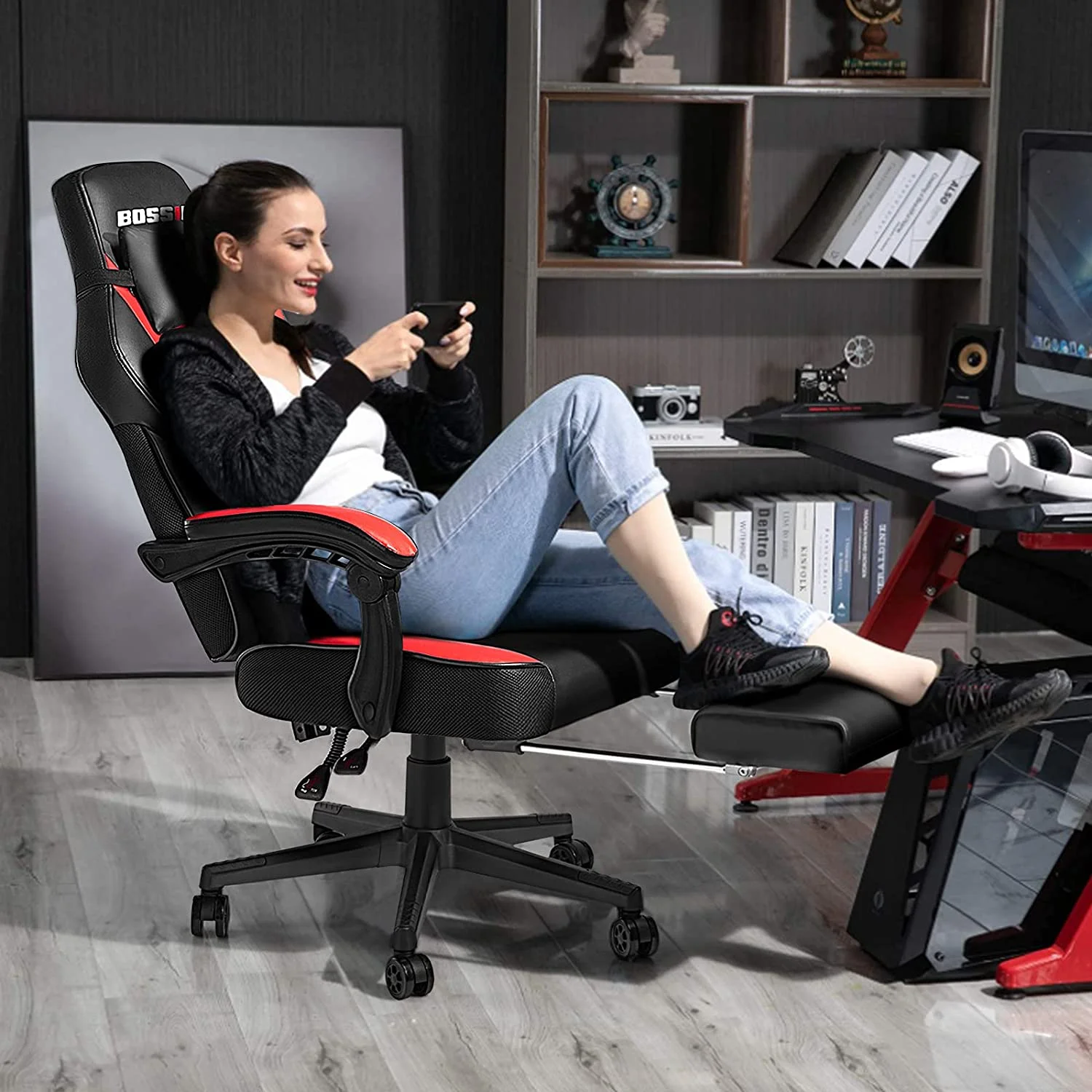 Gaming Chairs with Footrest, Massage Leather Game Chair for Adults, Big and Tall
