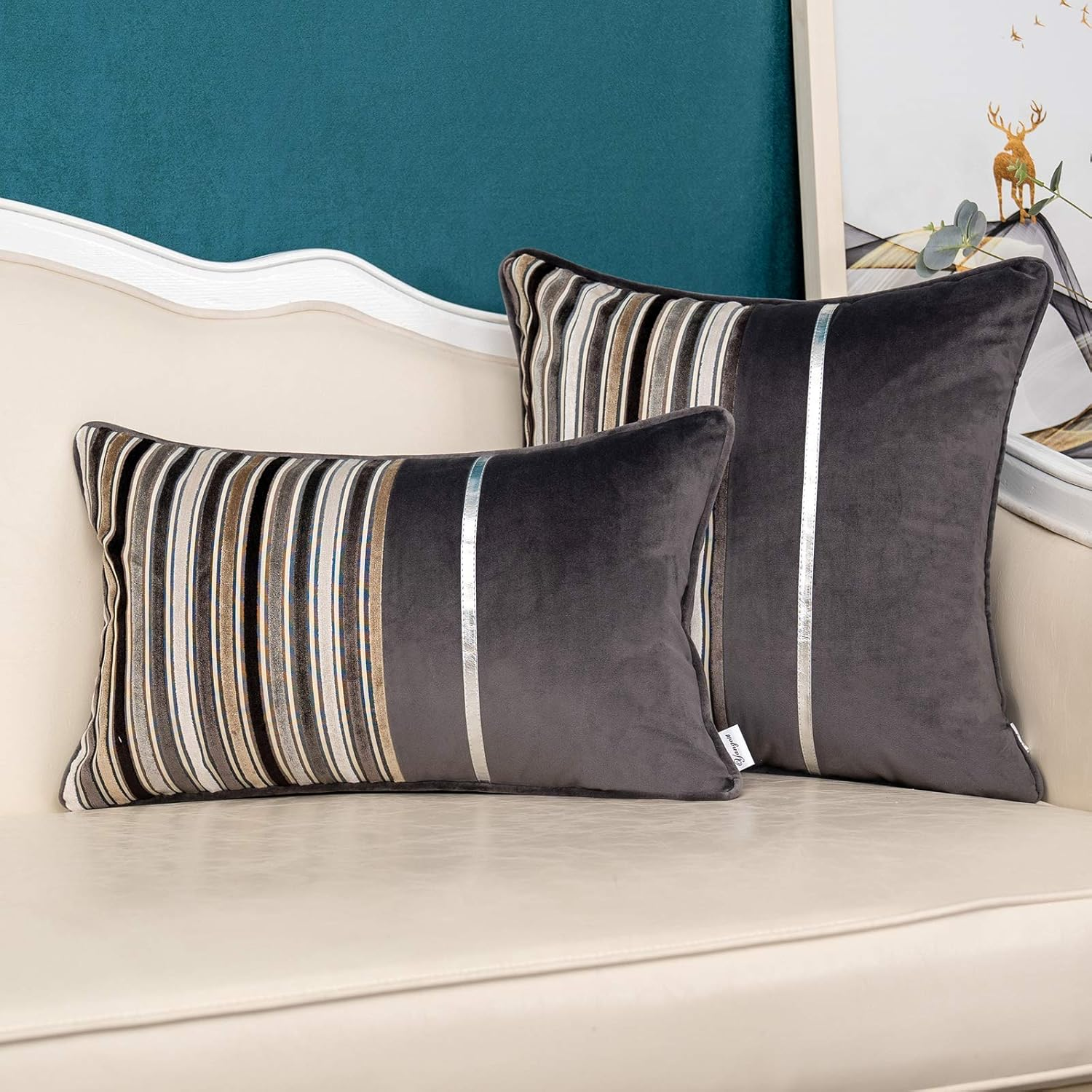 Grey Striped Patchwork Throw Pillow Cover Gold Leather Cushion Cover Zippered Pi