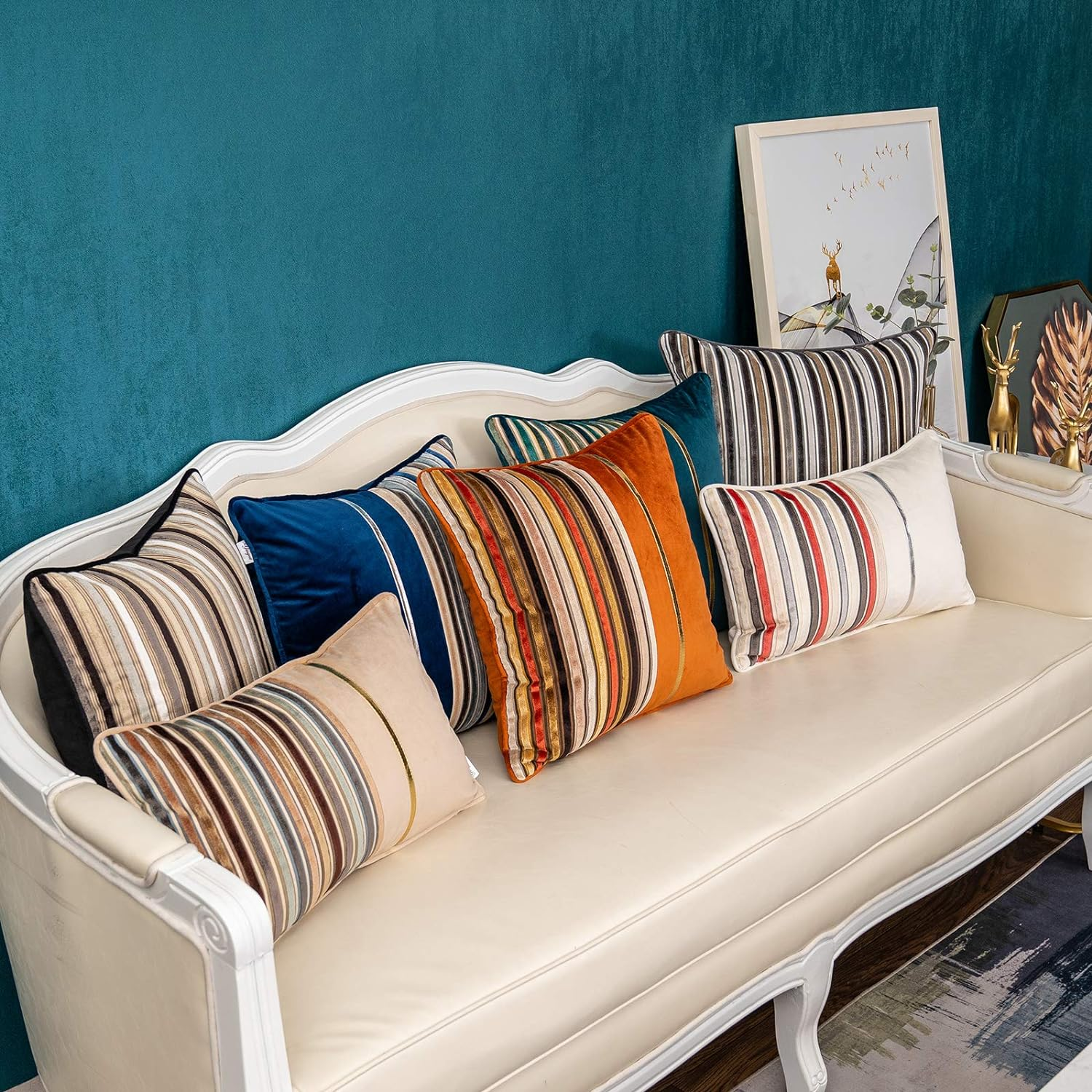 Grey Striped Patchwork Throw Pillow Cover Gold Leather Cushion Cover Zippered Pi
