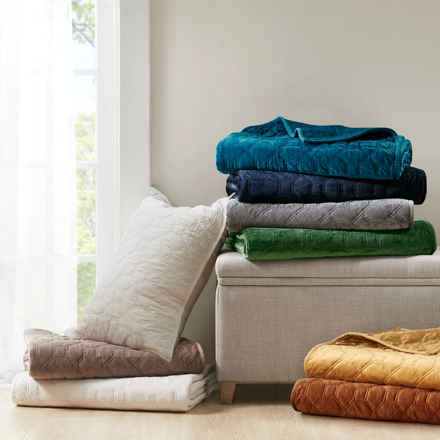 Harper Quilt Set Velvet Casual Geometric Stitching Design All Season, Lightweigh