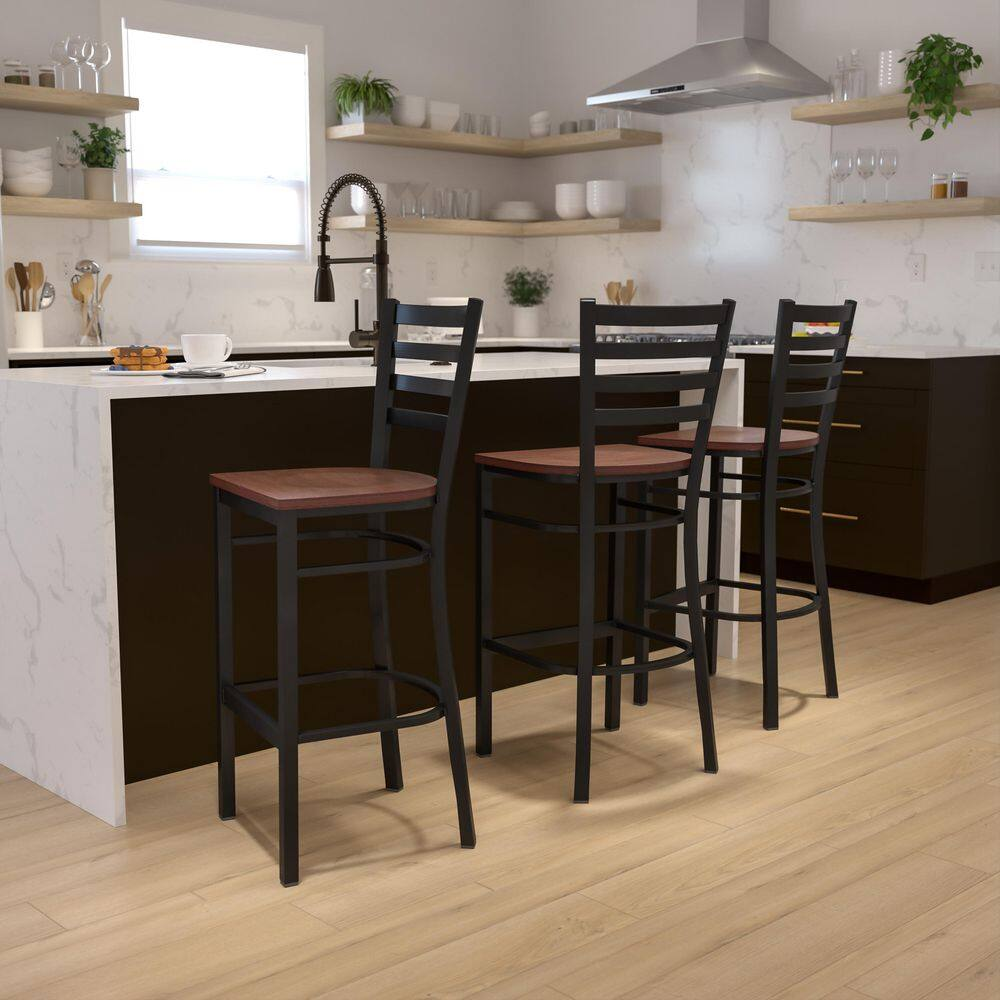 Hercules Series 28.75 In. Cherry Wood Seat/Black Metal Frame Bar Stool
