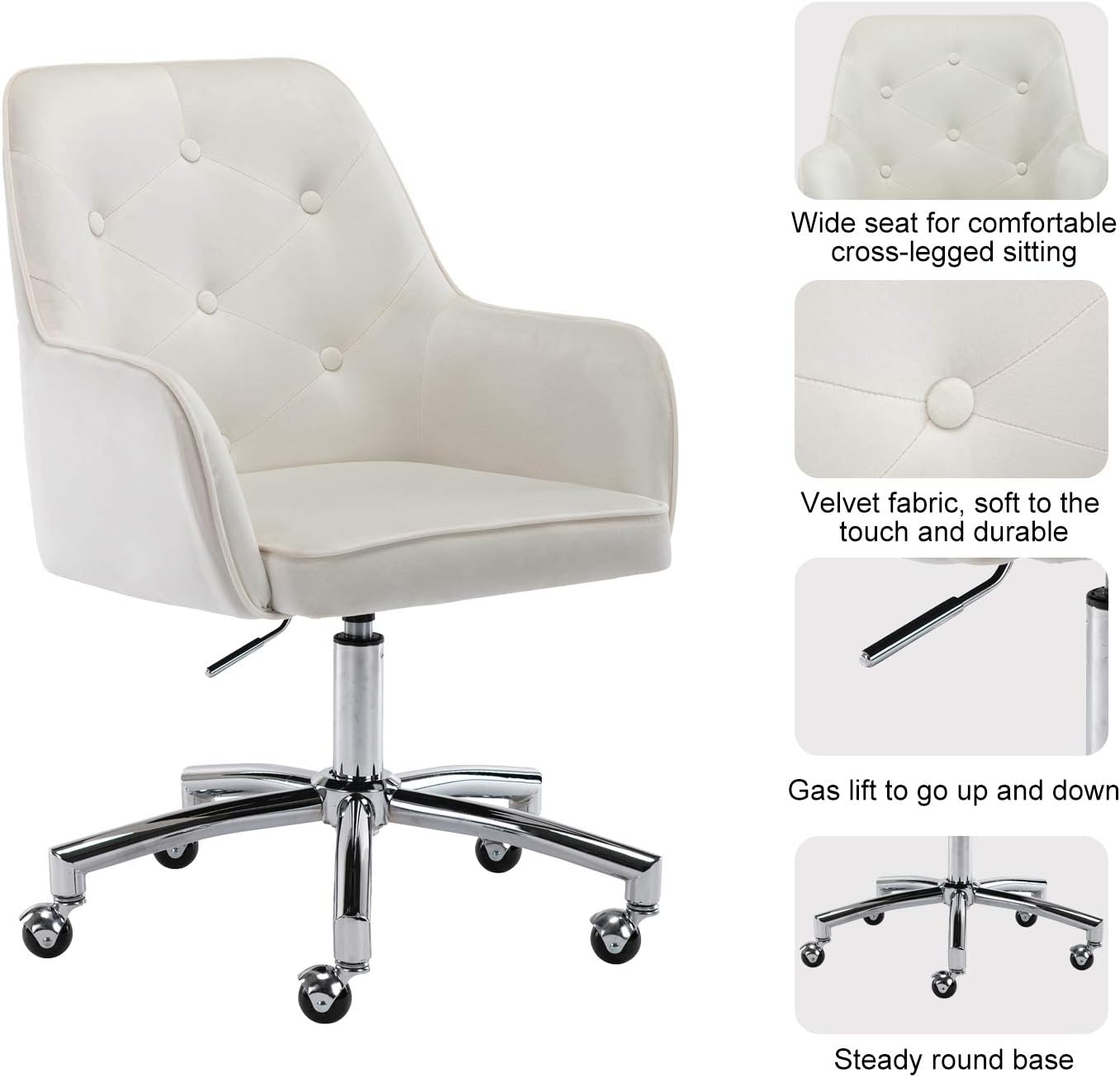Home Office Chair, White Cute Modern Desk Chair Velvet Tufted Vanity Chair Uphol