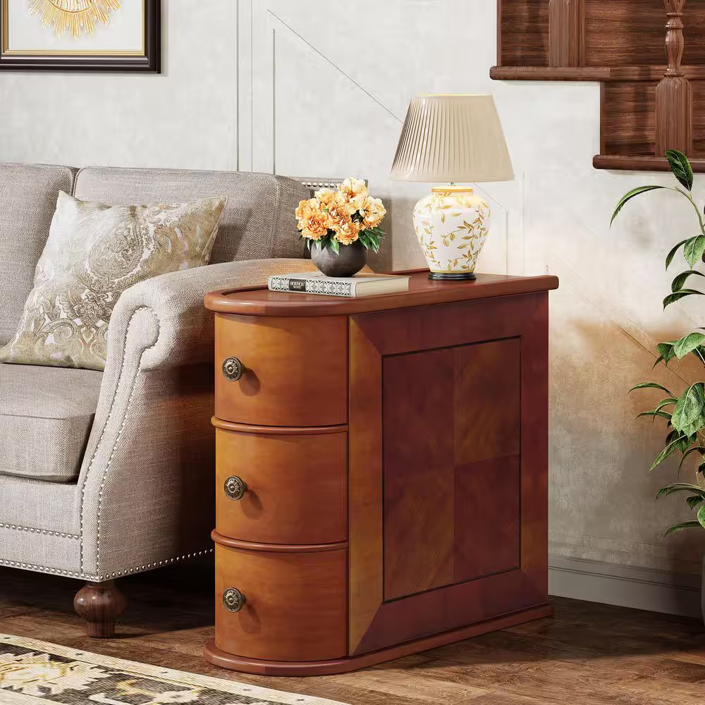 Kerlin 10.8 In. Walnut Rectangular Real Wood End Table with 3-Drawer, No Assembl