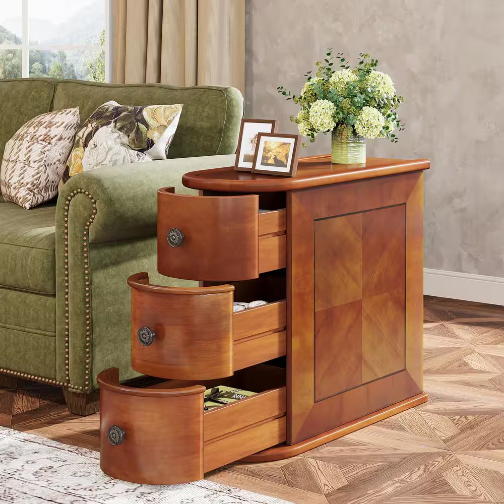 Kerlin 10.8 In. Walnut Rectangular Real Wood End Table with 3-Drawer, No Assembl