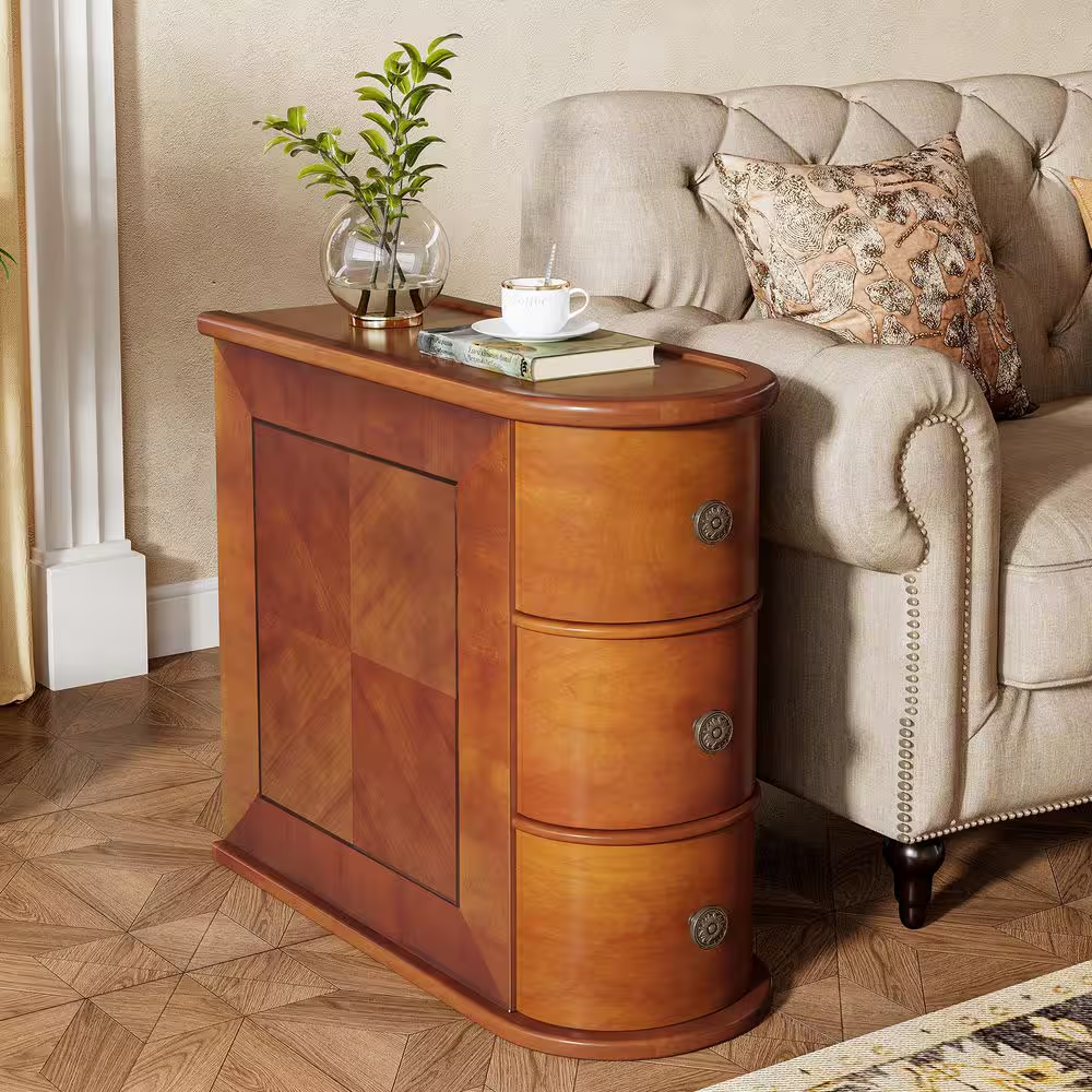 Kerlin 10.8 In. Walnut Rectangular Real Wood End Table with 3-Drawer, No Assembl