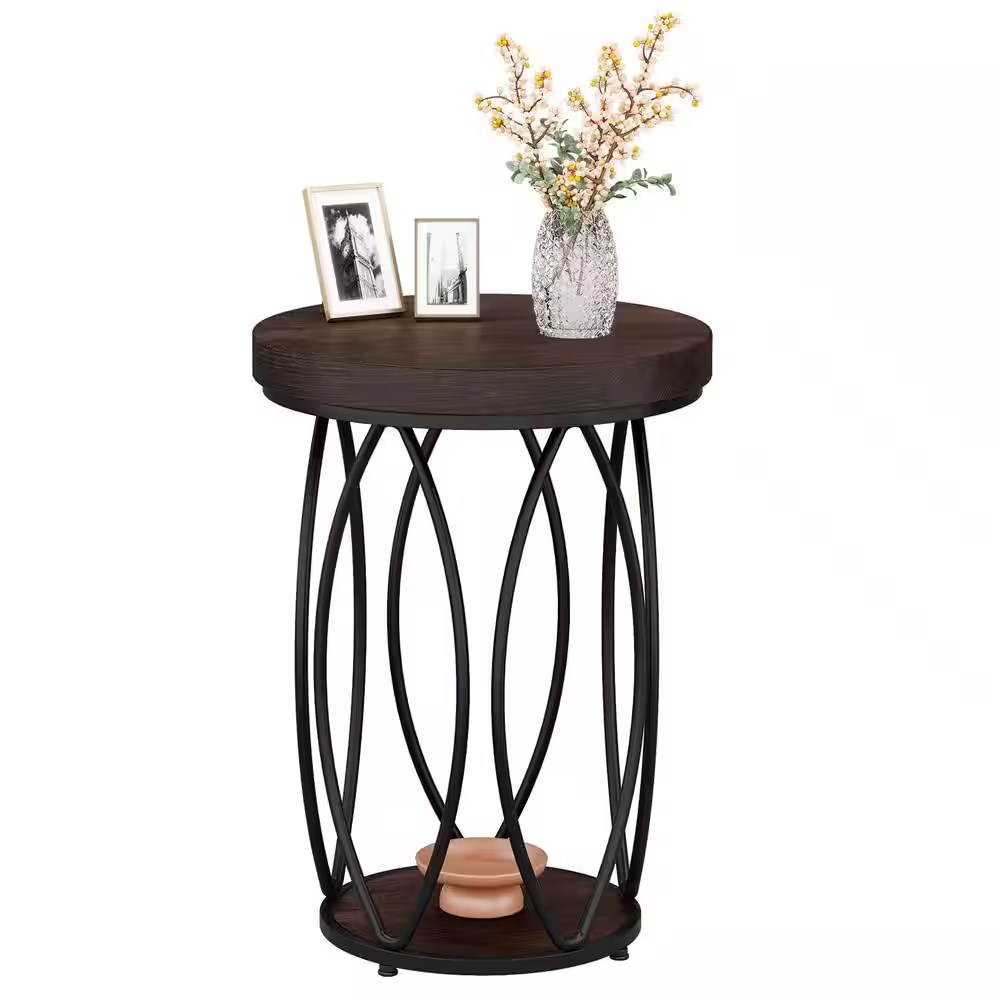 Kerlin 18.3 In. Rustic Brown round Side Table Wood End Table with Metal Frame fo