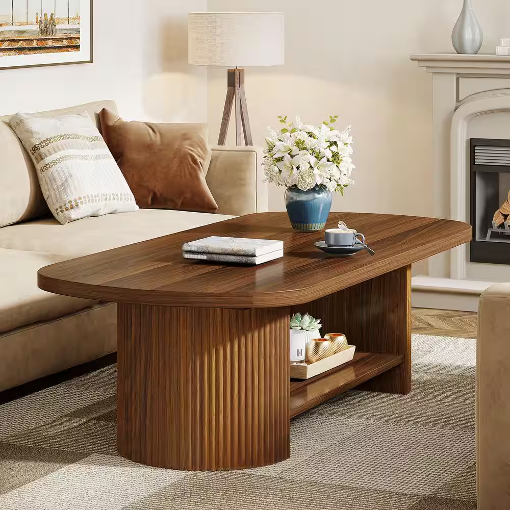 Kerlin 45.27 In. Brown Rectangle MDF Coffee Table with Storage Shelf, Rustic Cen