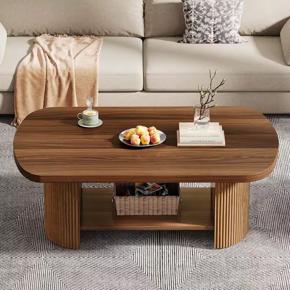 Kerlin 45.27 In. Brown Rectangle MDF Coffee Table with Storage Shelf, Rustic Cen