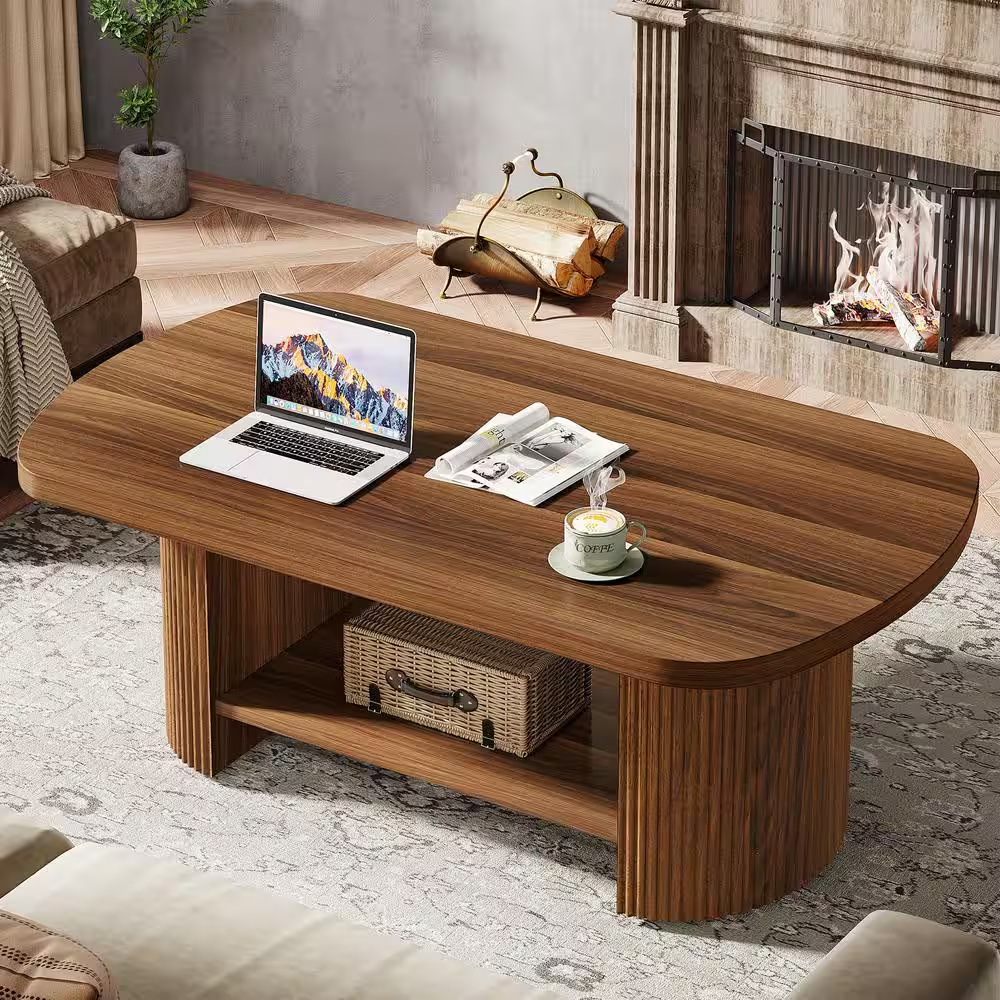 Kerlin 45.27 In. Brown Rectangle MDF Coffee Table with Storage Shelf, Rustic Cen