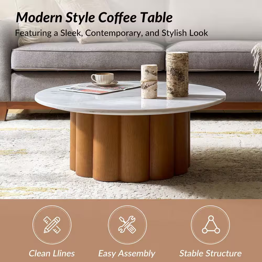 Liberto Walnut 36 In. W Modern Natural round Marble Coffee Table