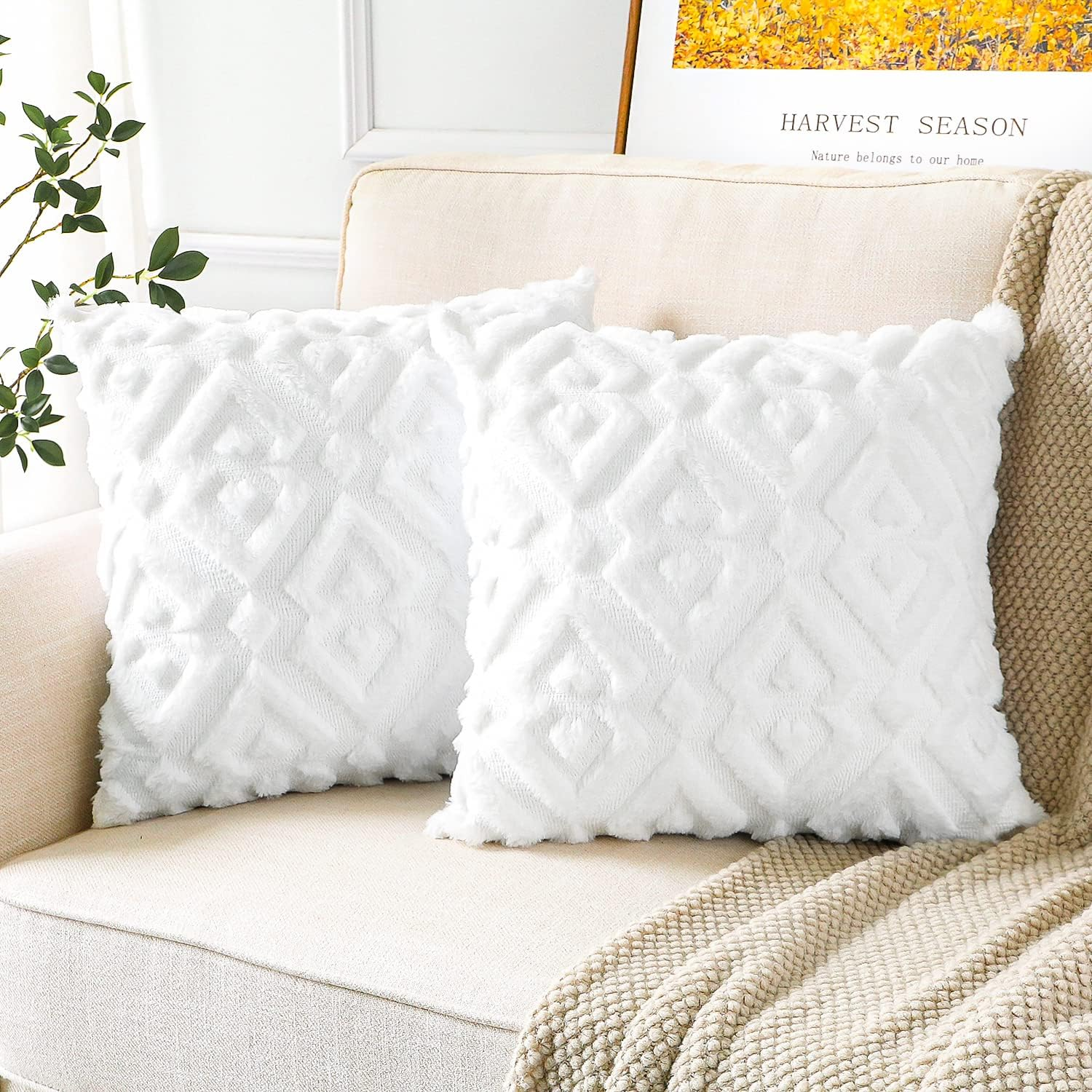 Pack of 2 Soft Plush Short Wool Velvet Decorative Throw Pillow Covers Luxury Sty