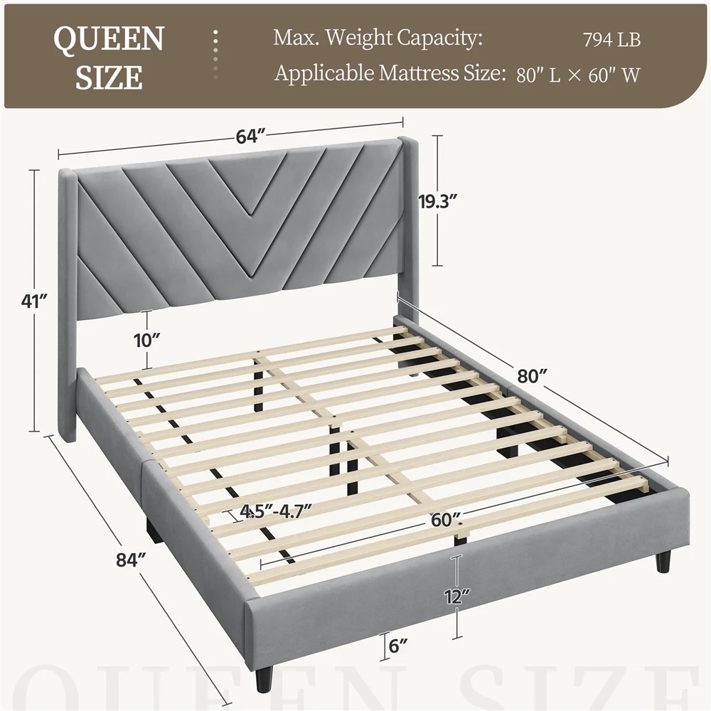 Queen Size Upholstered Platform Bed Frame with Tufted Headboard, Light Gray, Adu