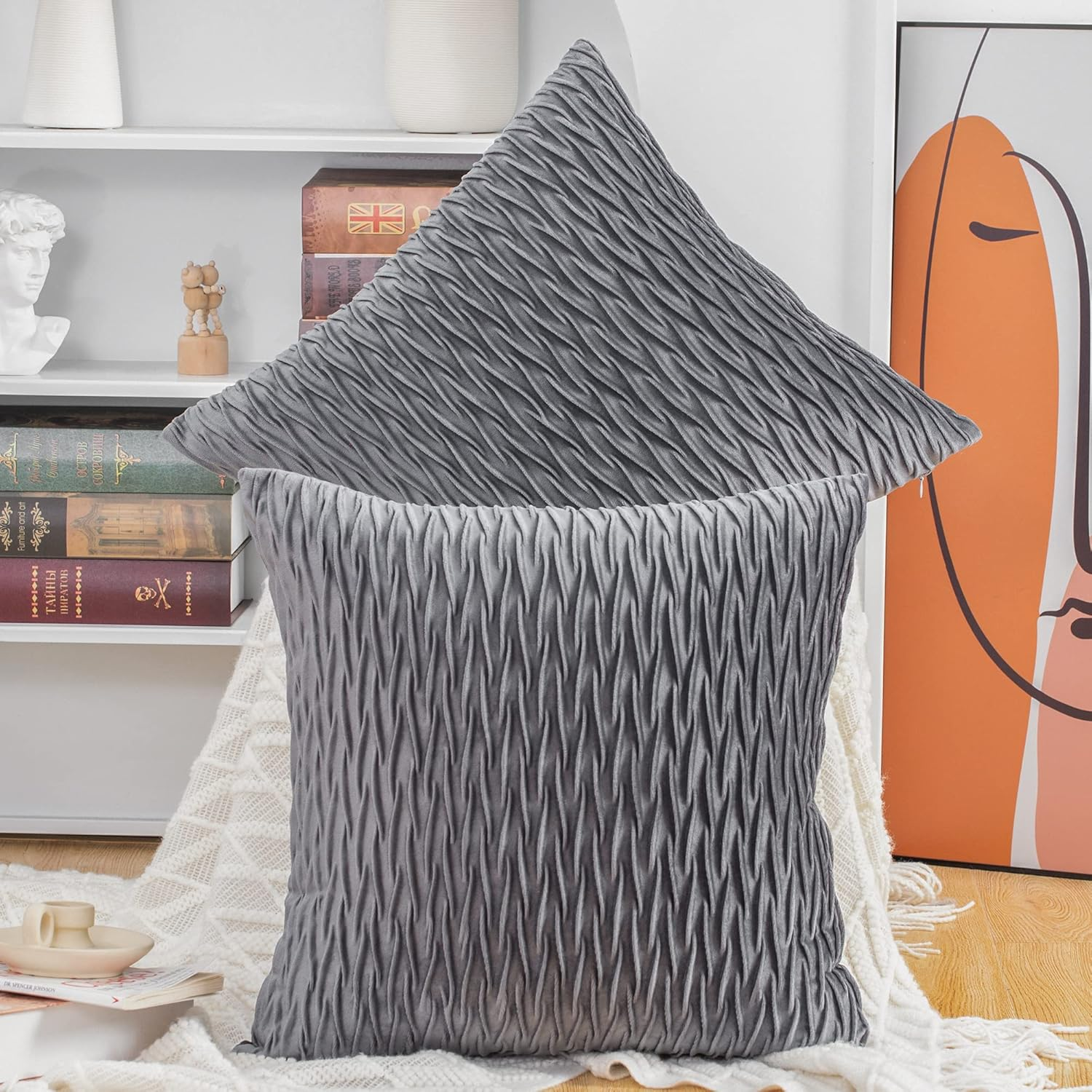 Set of 2 Super Soft Velvet Decorative Throw Pillow Covers 24X24 Inch Grey Square