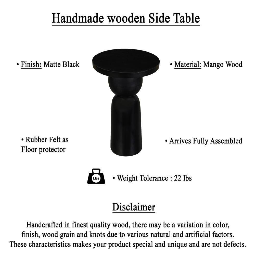 Tia 12 In. Matte Black round Mango Wood Side End Table with Turned Pedestal Base