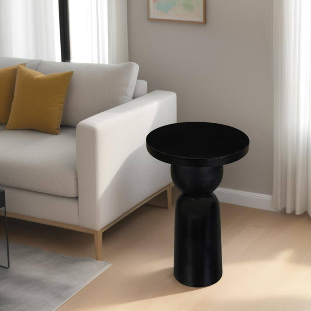 Tia 12 In. Matte Black round Mango Wood Side End Table with Turned Pedestal Base