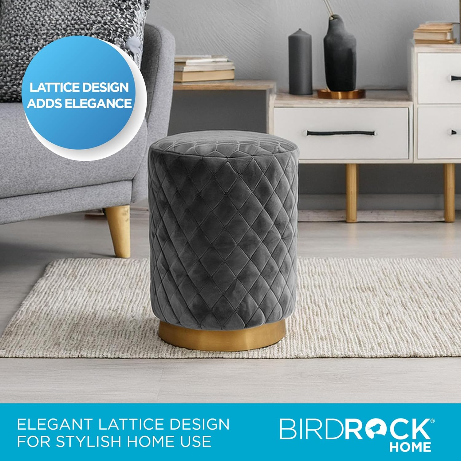 Velvet round Ottoman Foot Stool with Lattice Design and Gold Trim - Soft, Padded