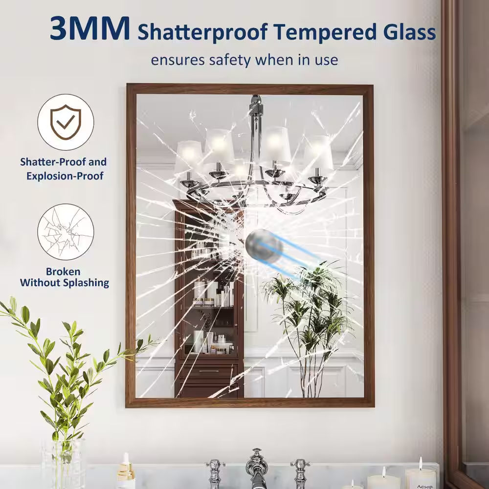 Walnut 22 In. W X 30 In. H Rectangle Farmhouse Wall Mounted Framed Mirror, Anti-