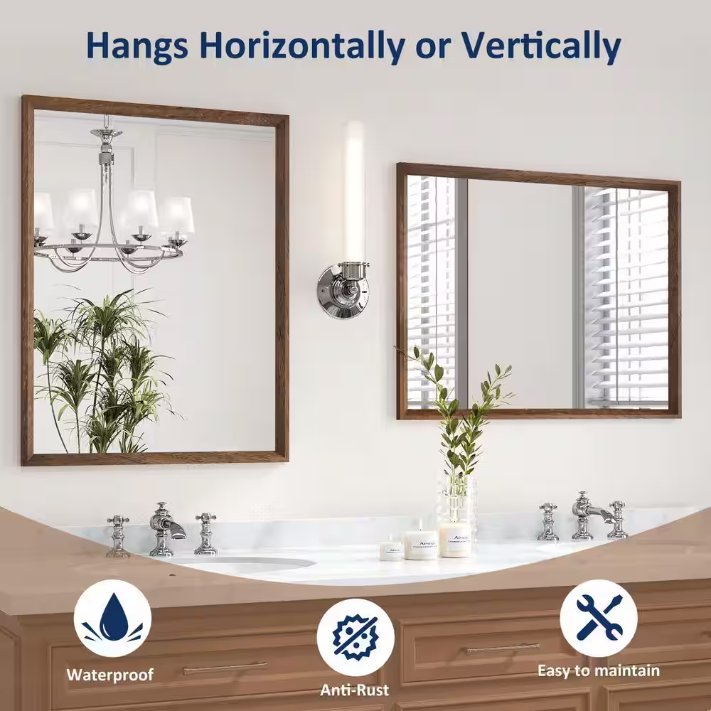 Walnut 22 In. W X 30 In. H Rectangle Farmhouse Wall Mounted Framed Mirror, Anti-