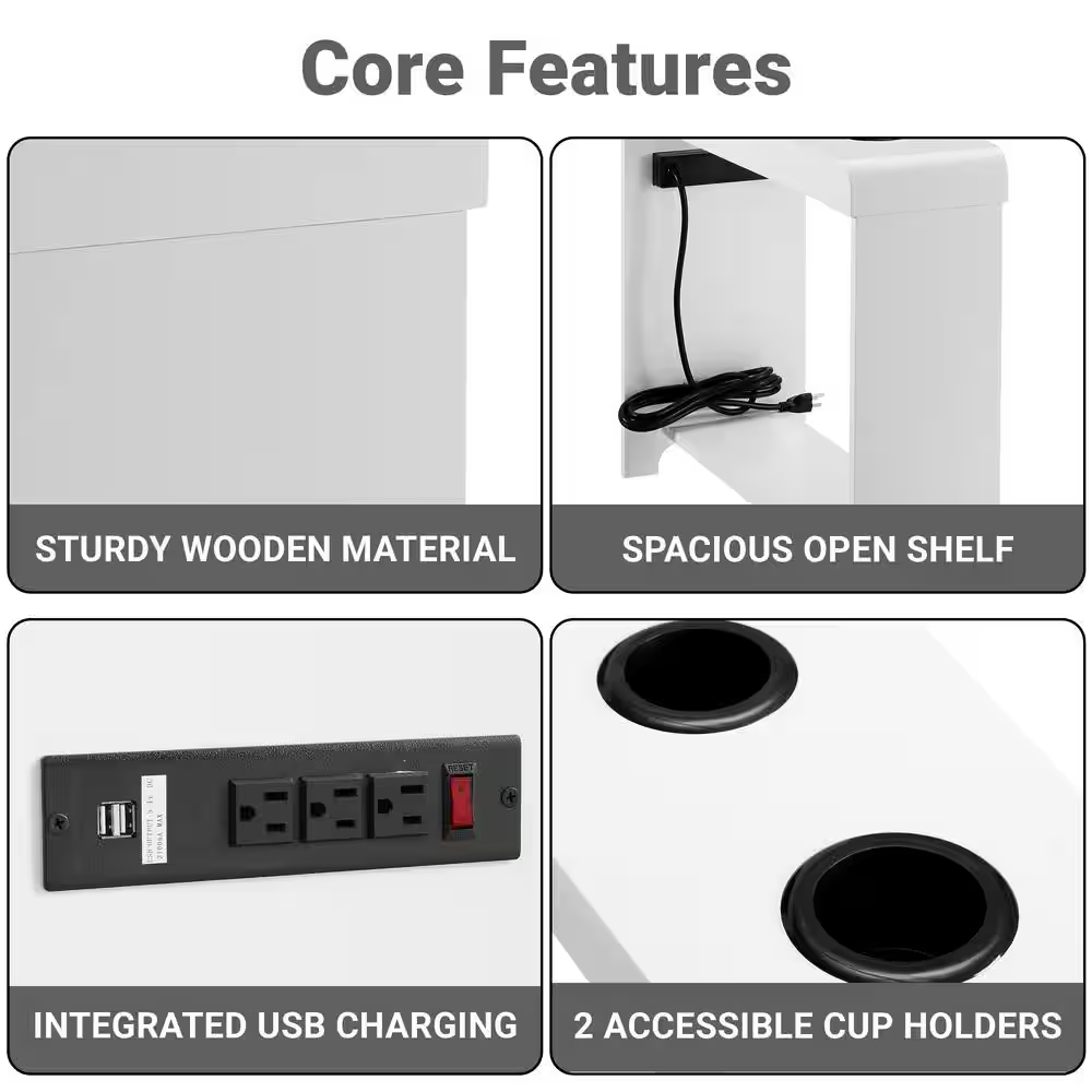 White End Table with Charging Station, USB Ports & Outlets, Narrow Side Table, C