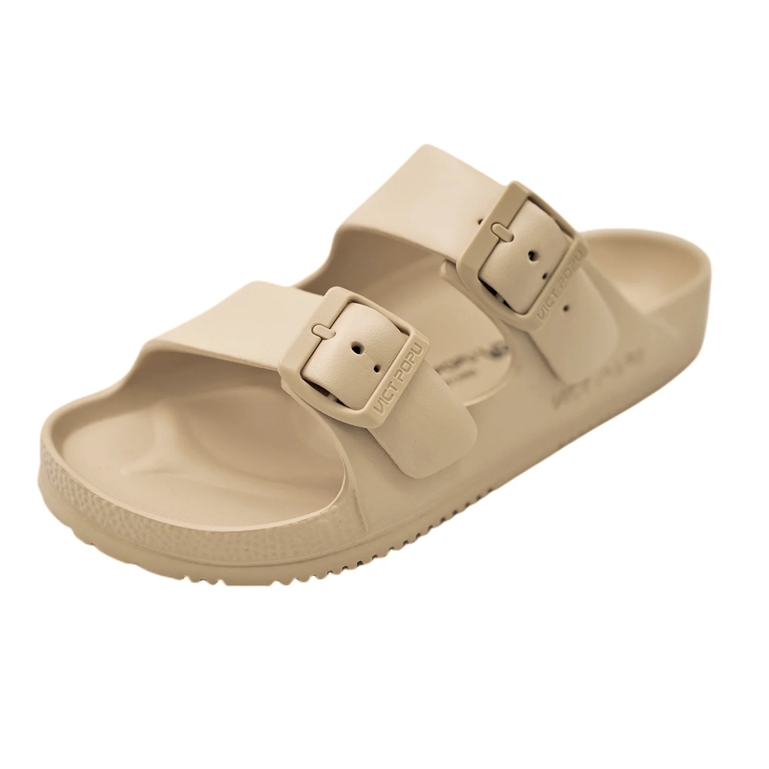 Womens Sandals Adjustable Double Buckle Strap Waterproof EVA Flat Slides,Khaki,S
