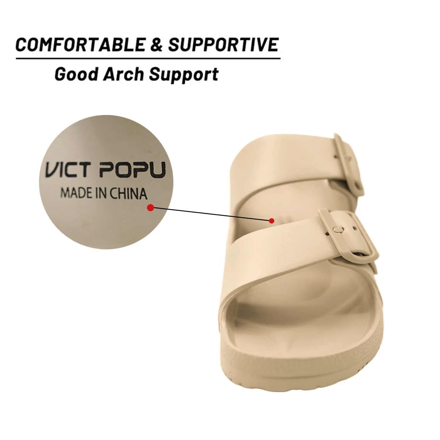 Womens Sandals Adjustable Double Buckle Strap Waterproof EVA Flat Slides,Khaki,S