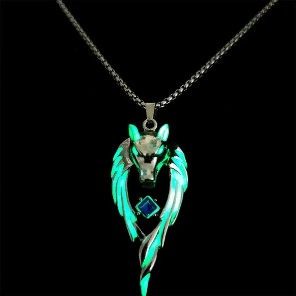 Glow-in-the-Dark Wolf Head Pendant Necklace for Men and Women