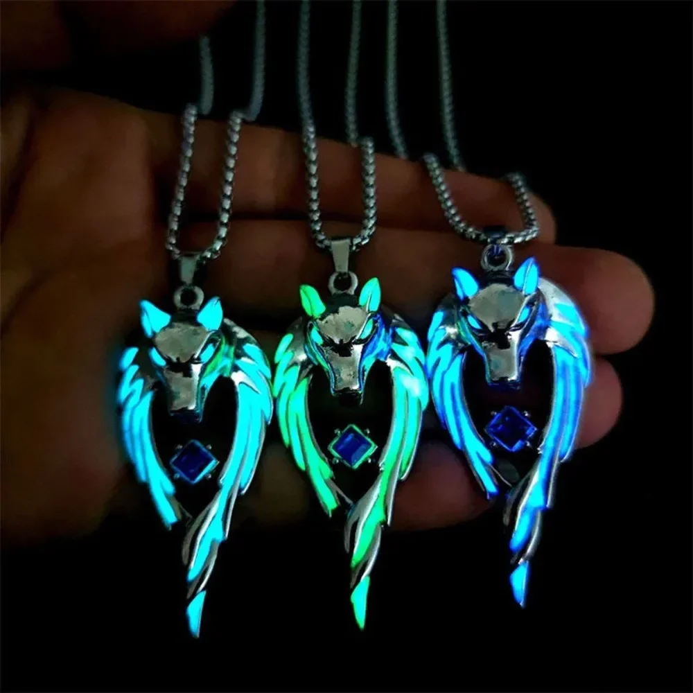 Glow-in-the-Dark Wolf Head Pendant Necklace for Men and Women