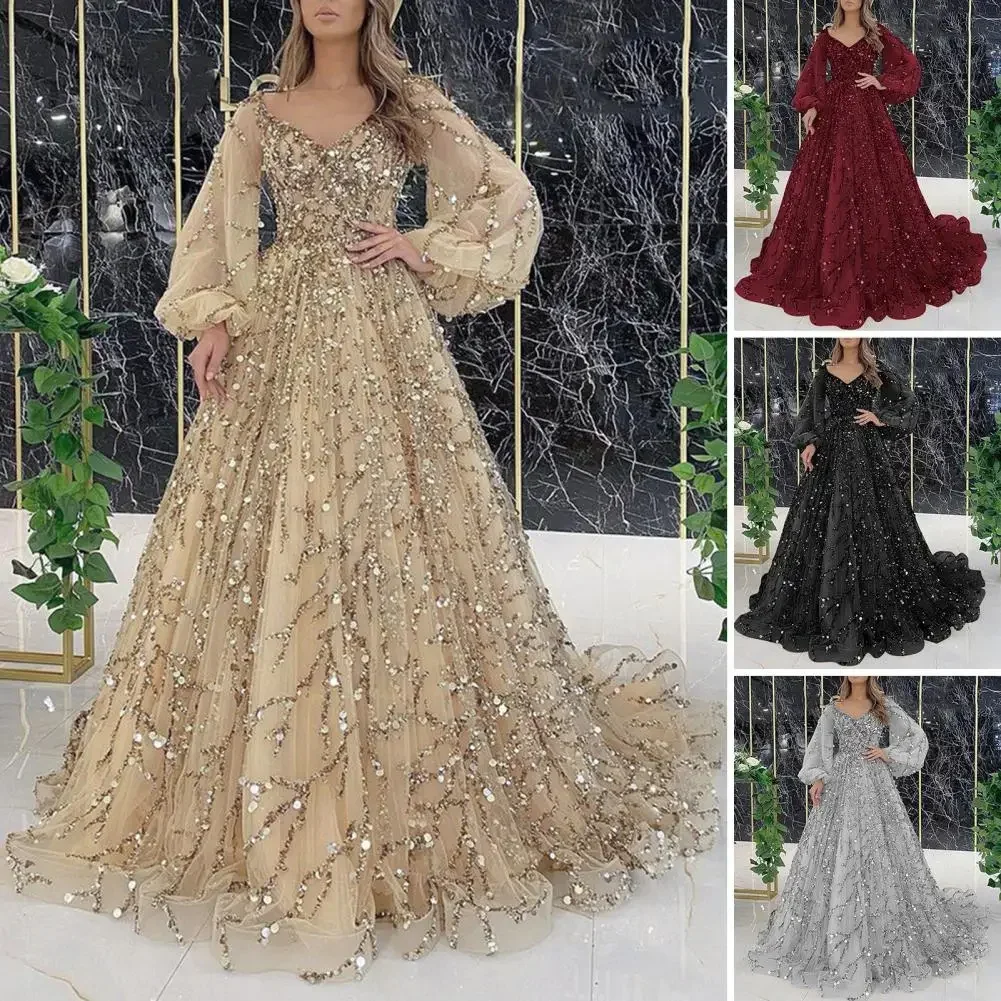 BWQ Vinatge Evening Party Long Dresses Sequin Women A-Line Princess Dress Lanter