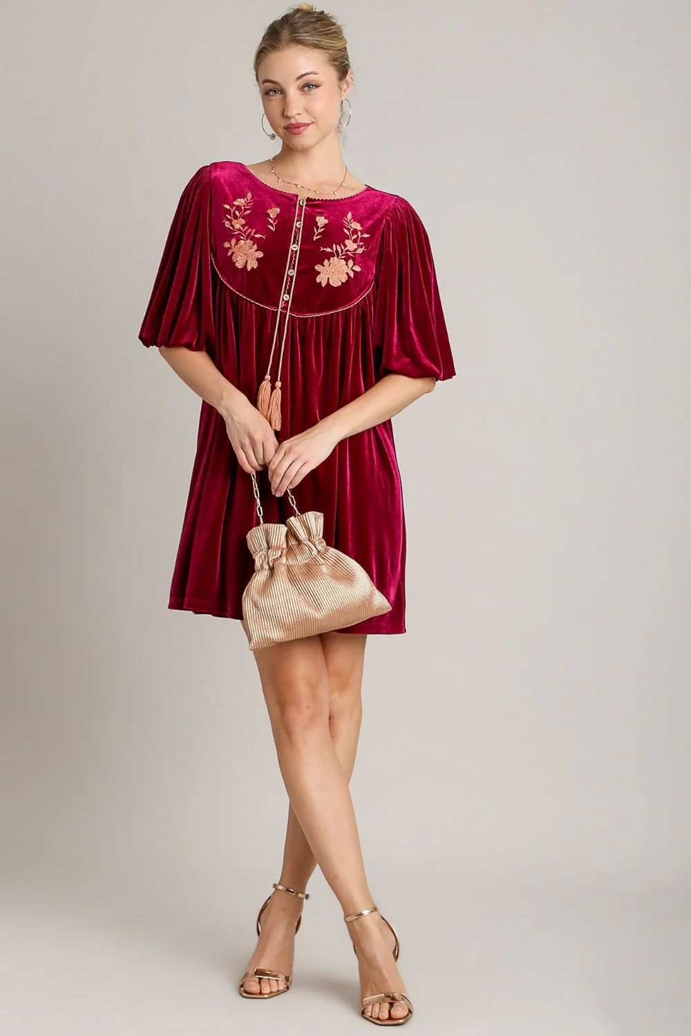 Embroidered Velvet Mini Dress with Tassels and Half Sleeves by Umgee