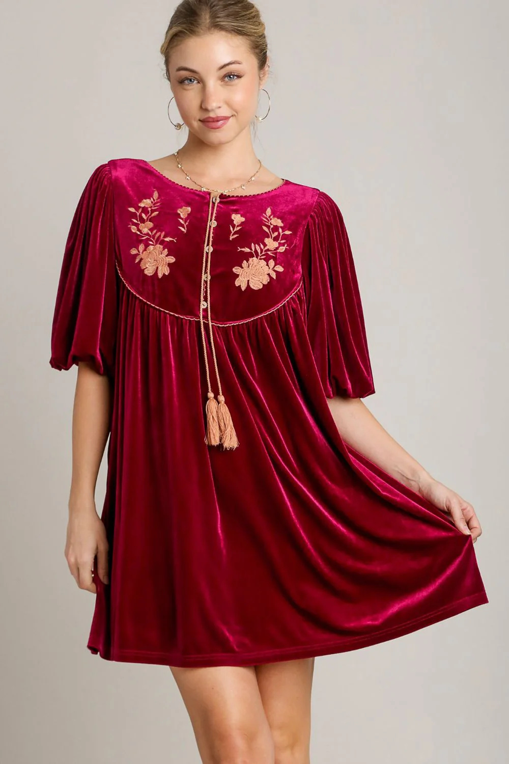 Embroidered Velvet Mini Dress with Tassels and Half Sleeves by Umgee