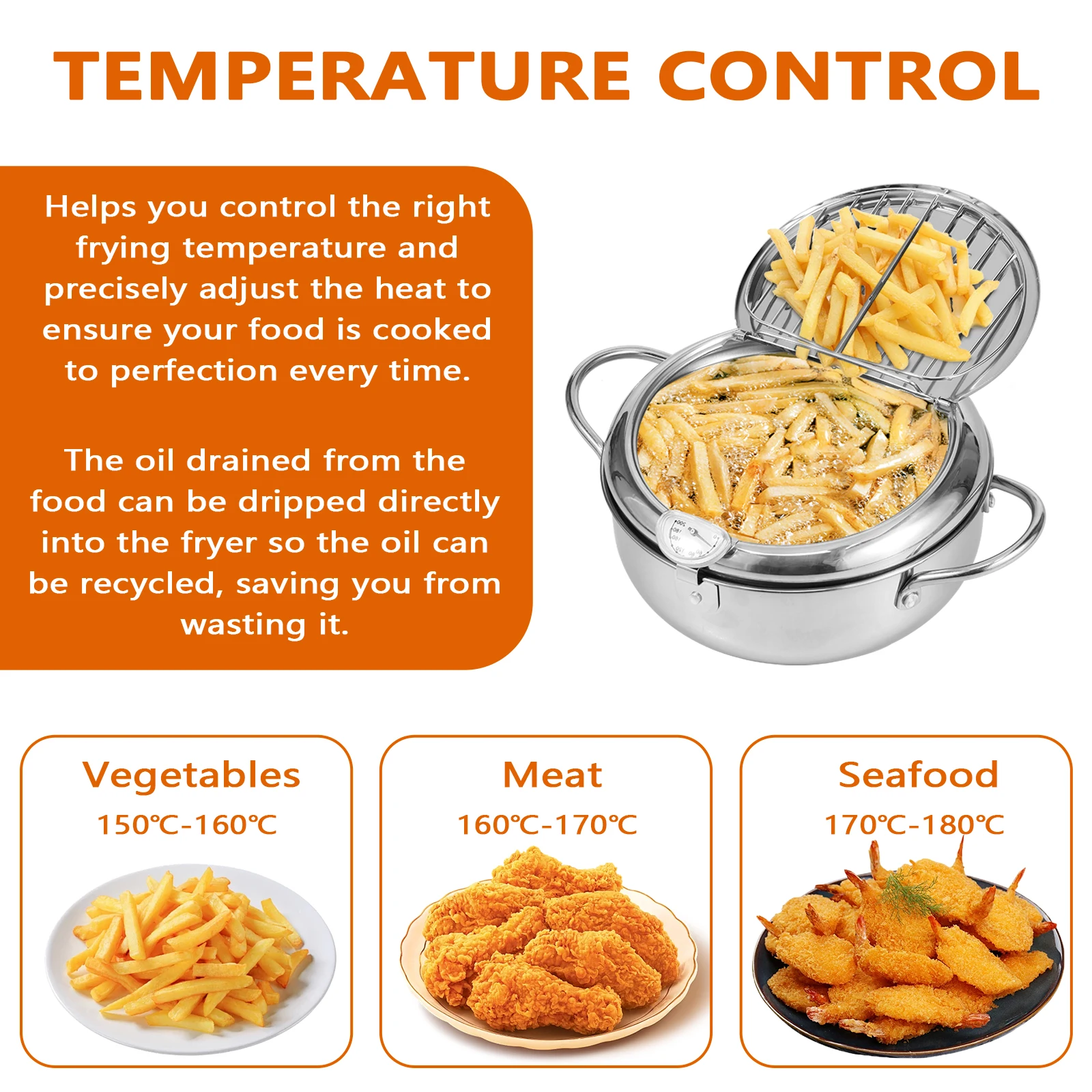 Stainless Steel Deep Fryer Pot with Strainer Basket and Thermometer
