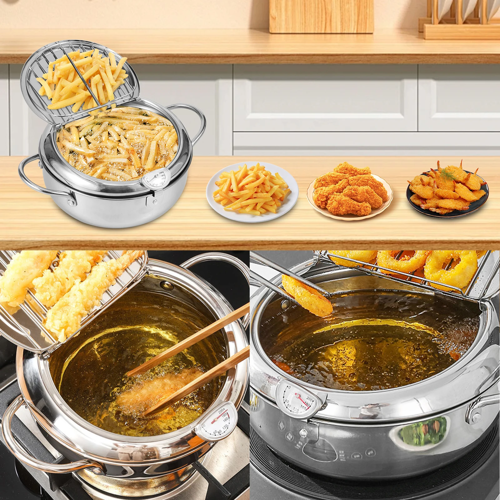Stainless Steel Deep Fryer Pot with Strainer Basket and Thermometer