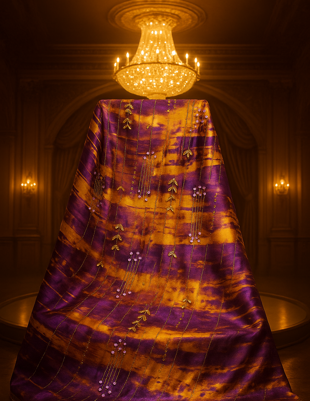 Royal Golden Plum Chiffon with Hand Embellished Gold Leaves & Crystal Droplets - Mohammad collection