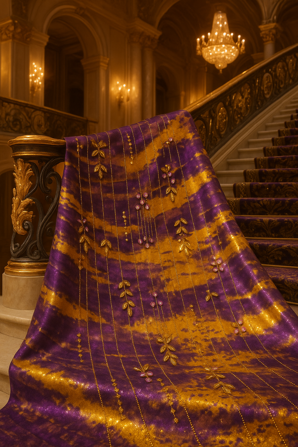 Royal Golden Plum Chiffon with Hand Embellished Gold Leaves & Crystal Droplets - Mohammad collection