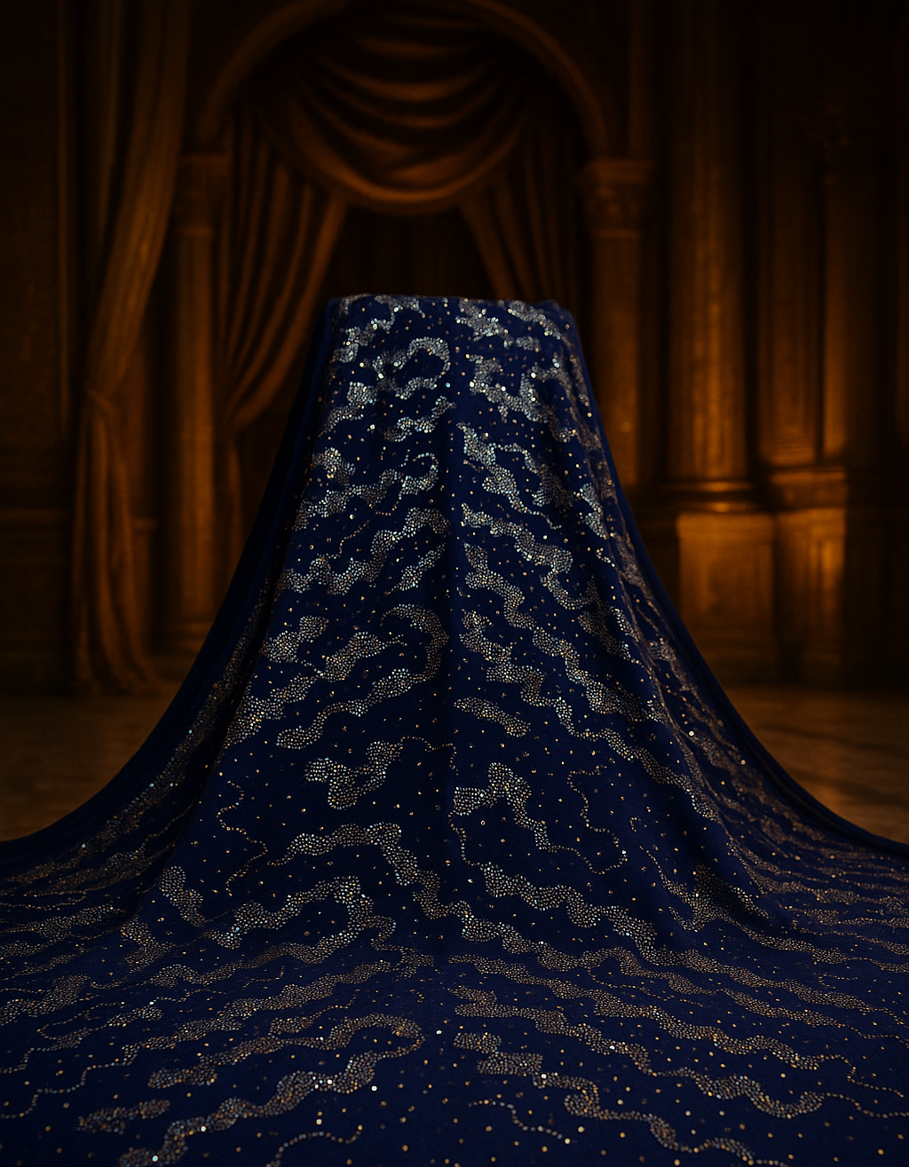 Royal Sapphire Velvet Fabric with Crystal Hand Embellishments – Luxury Collection - Mohammad collection
