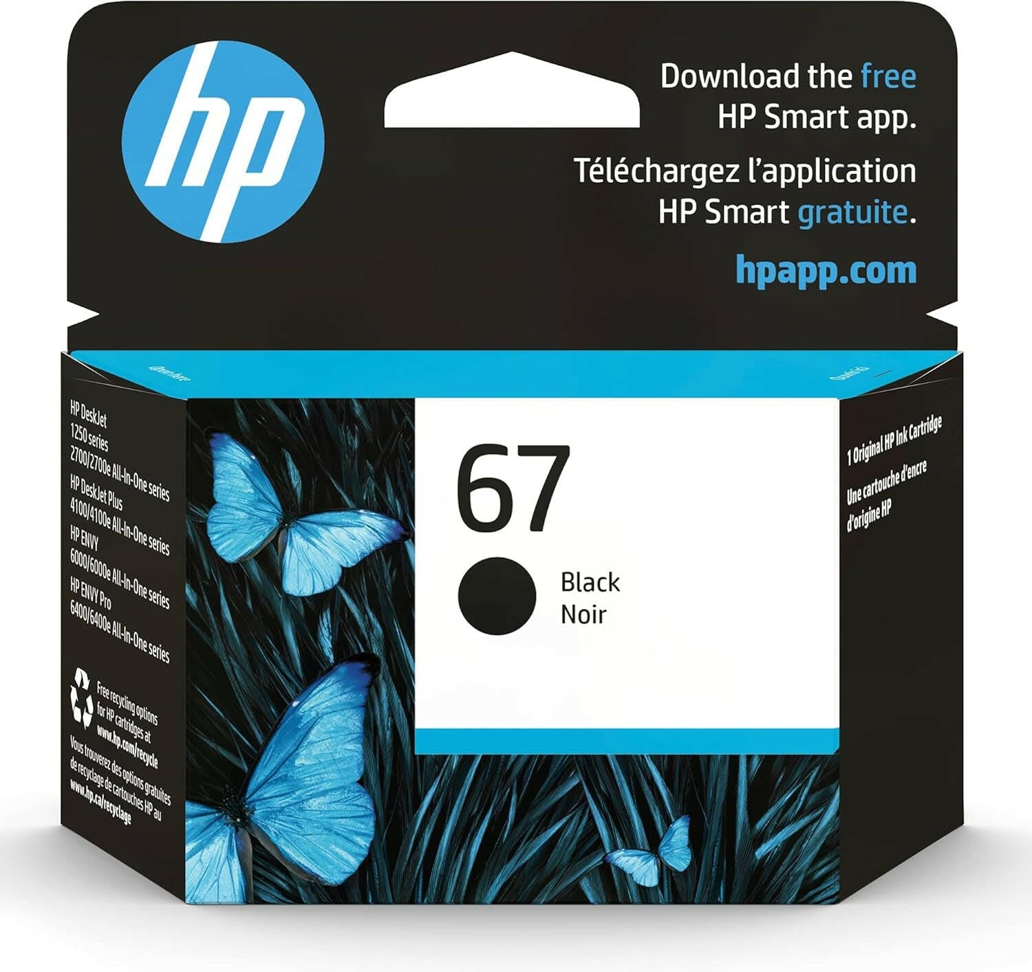 Original 67 Black Ink Cartridge | Works with Deskjet 1255, 2700, 4100 Series, Envy 6000, 6400 Series | Eligible for Instant Ink | 3YM56AN