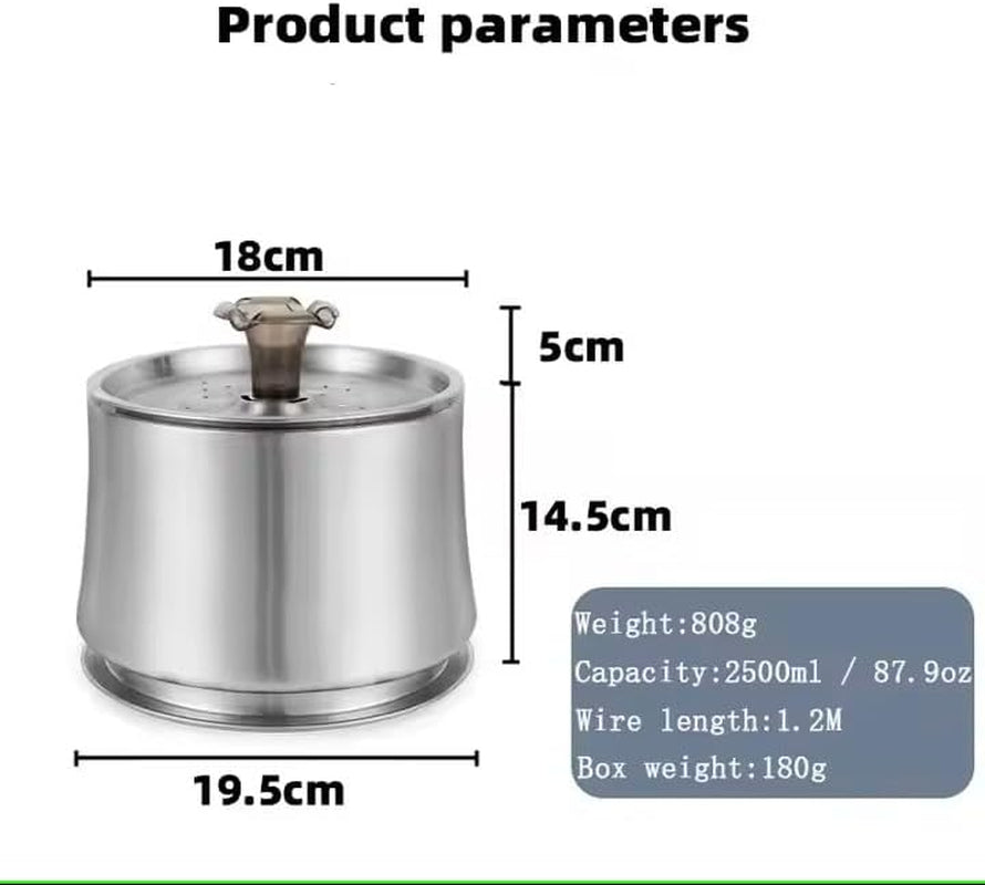 Cat Water Fountain 84Oz/2.5L Stainless Steel, Automatic Dog Water Dispenser, Ultra-Quiet Pump, Water Level Window, Bpa-Free, Advanced Filtration with 2 Filters for Cats, Dogs & Multiple Pets.