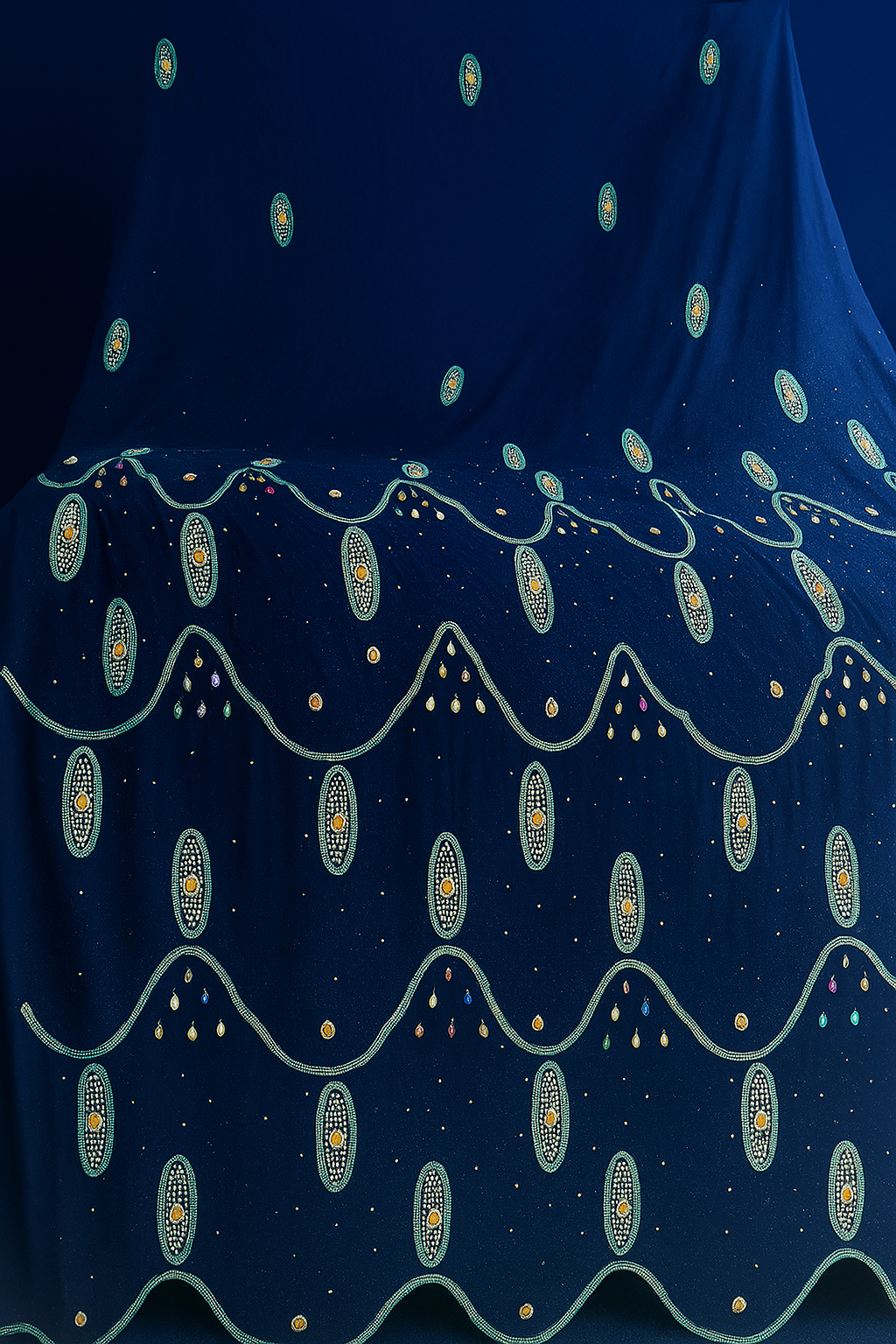 Elegant Navy Blue Chiffon – Beaded Royal Waves - Mohammad collection