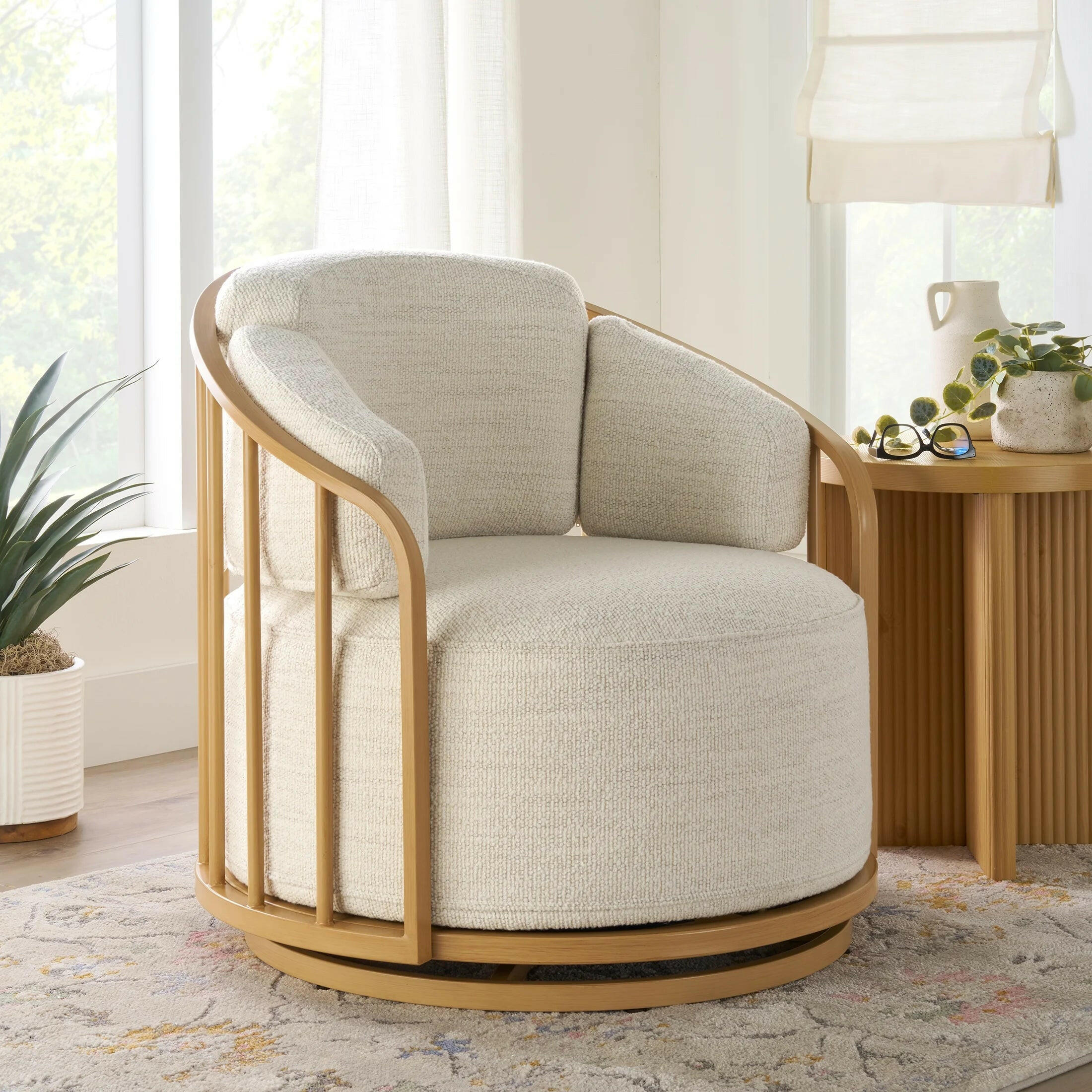 Lillian Swivel Birdcage Accent Chair, Cream Boucle