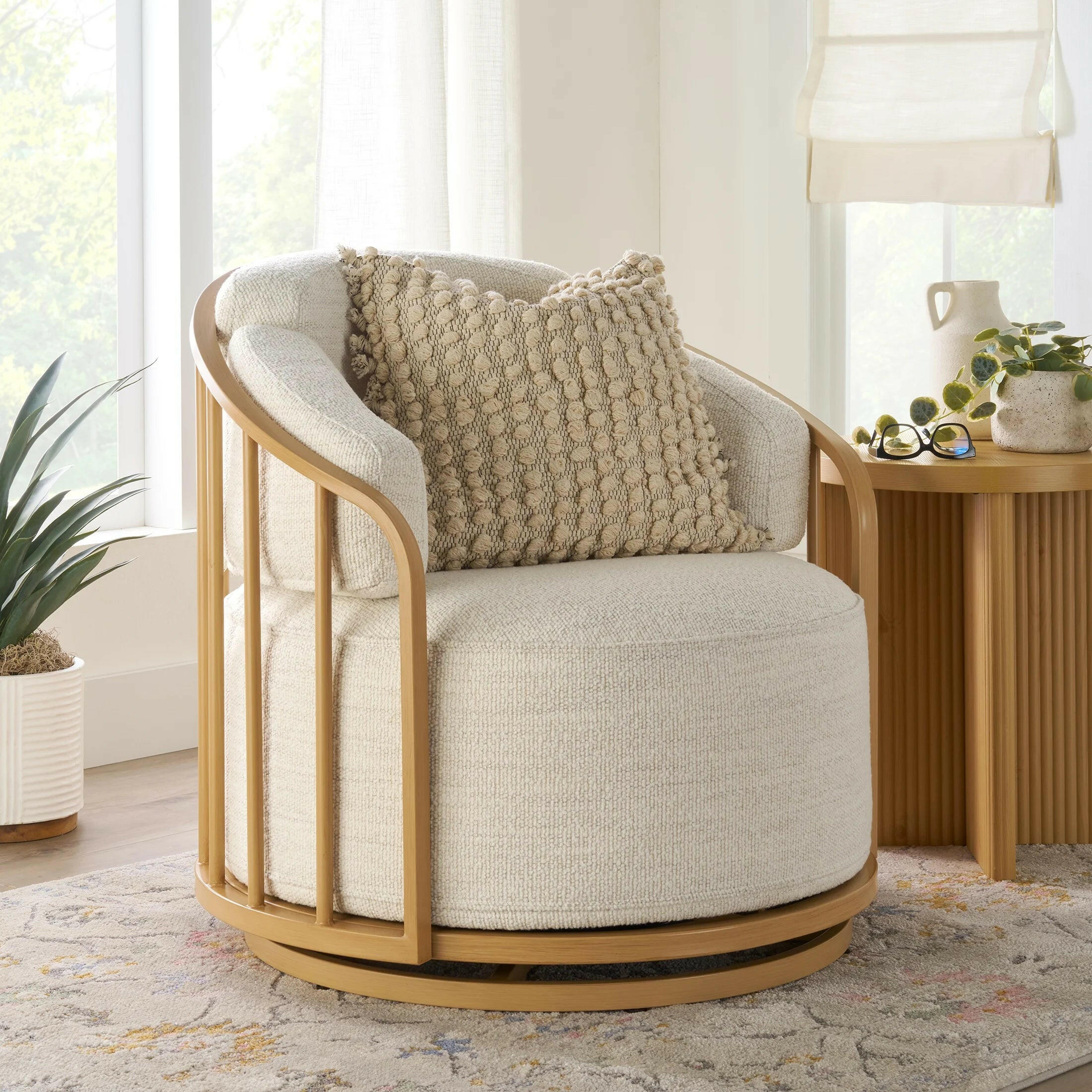 Lillian Swivel Birdcage Accent Chair, Cream Boucle