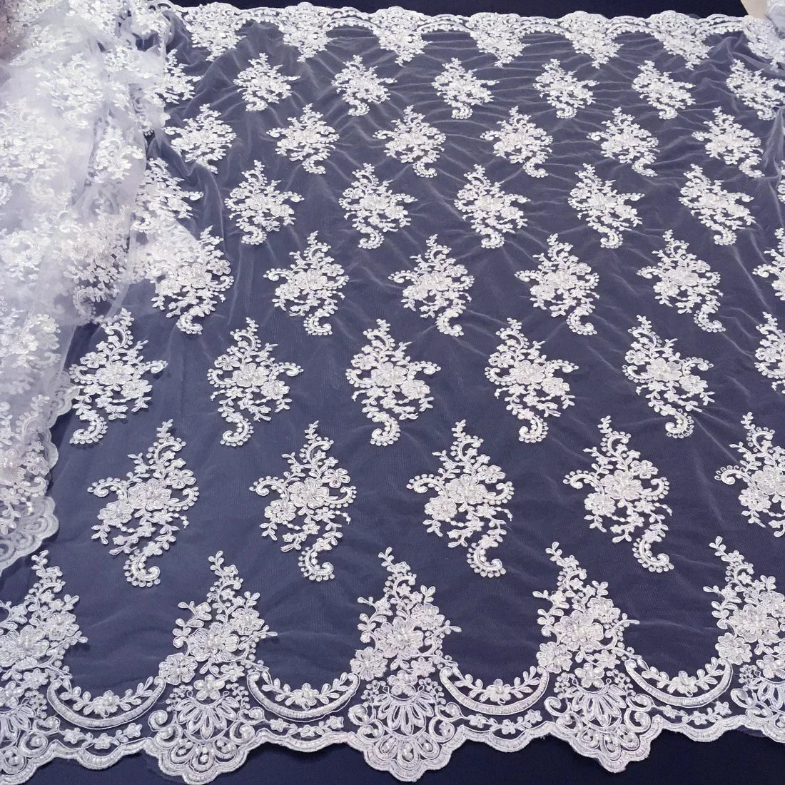 Exquisite African Embroidered Beaded Lace Fabric - High-Quality Nigerian Tulle for Bridal and Special Occasions - 1 Yard