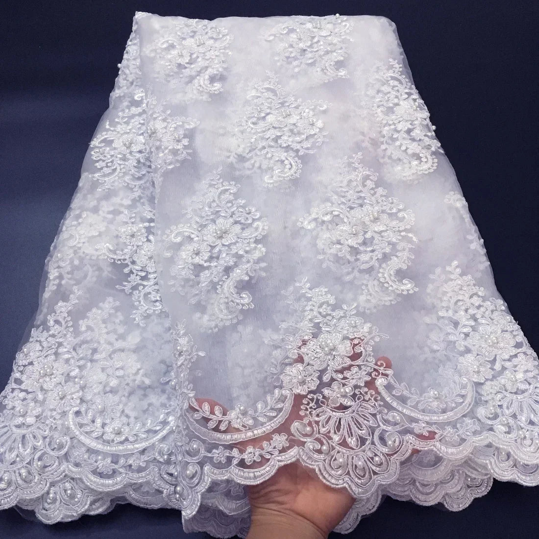 Exquisite African Embroidered Beaded Lace Fabric - High-Quality Nigerian Tulle for Bridal and Special Occasions - 1 Yard