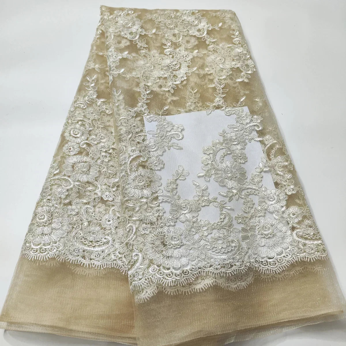 Exquisite African Embroidered Beaded Lace Fabric - High-Quality Nigerian Tulle for Bridal and Special Occasions - 1 Yard