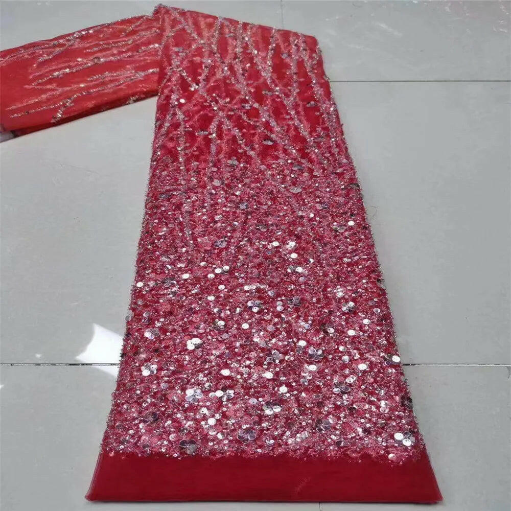 Madison African Lace Fabric 2021 French Heavy Beaded Lace Fabric Nigerian Sequins Embroidery Net Lace Fabrics for Bridal Dress