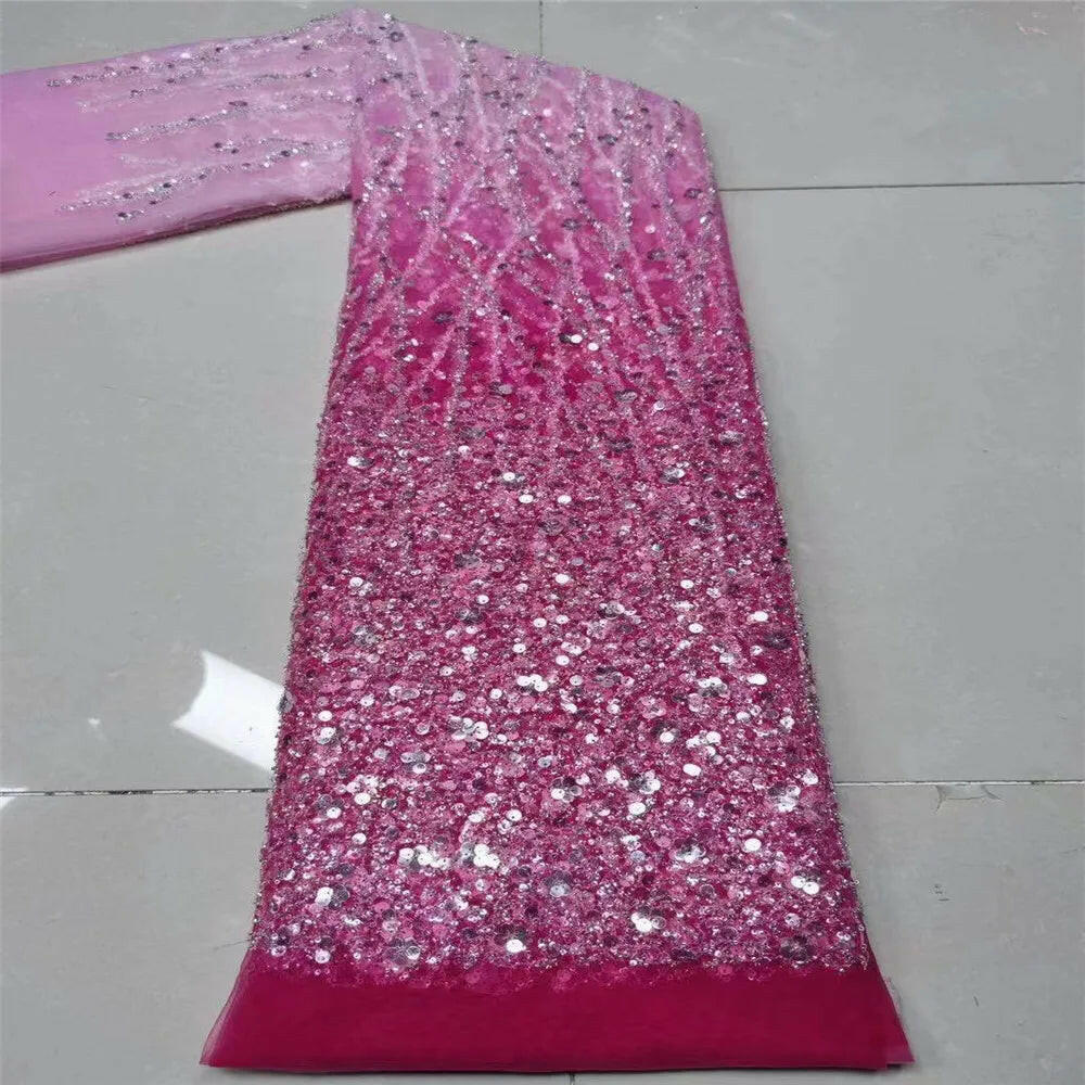 Madison African Lace Fabric 2021 French Heavy Beaded Lace Fabric Nigerian Sequins Embroidery Net Lace Fabrics for Bridal Dress