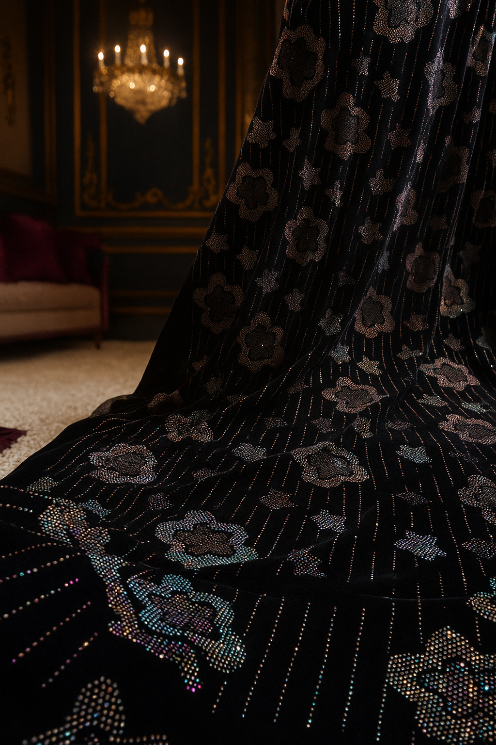 Luxury Velvet Stone Work Fabric 4 Royal Colors |Embellished with Rhinestones for Dresses & Occasions" - Mohammad collection