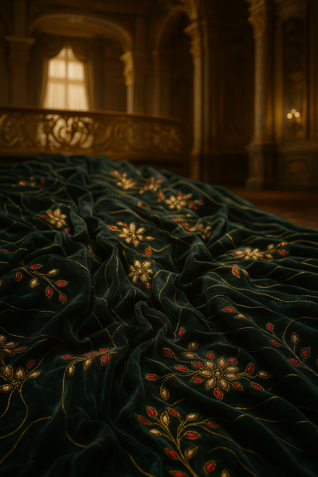 Emerald Velvet Royal Embroidered Fabric – Golden & Ruby Floral Swirl Design (1 Yard) - Mohammad collection